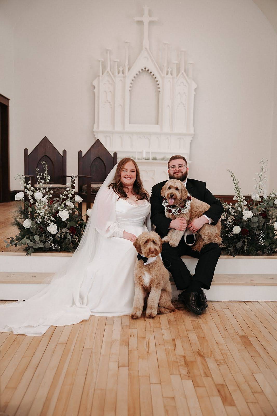 luxe bride gabbi and her husband and their dog, wedding photo