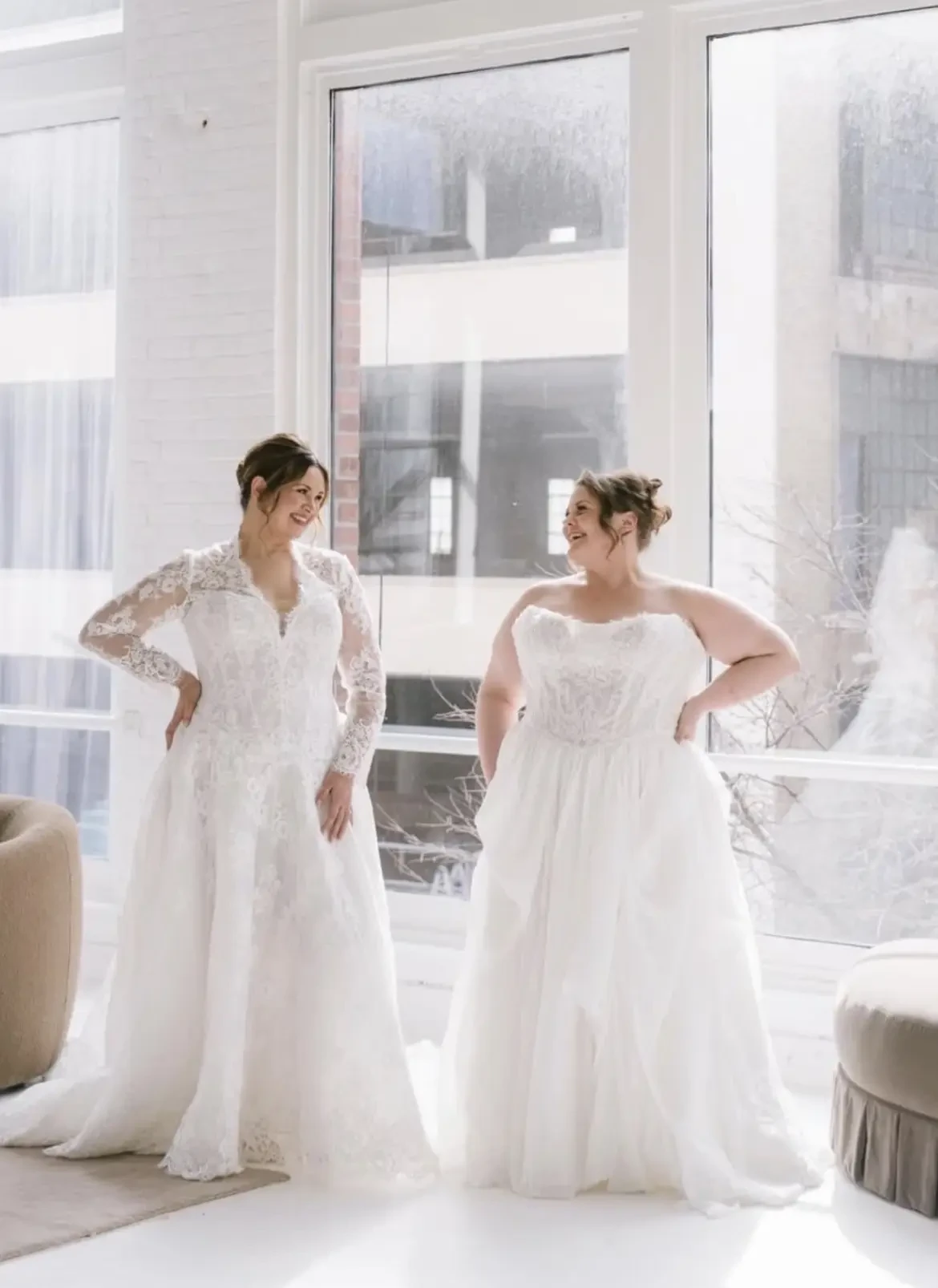 models wearing white wedding gonws