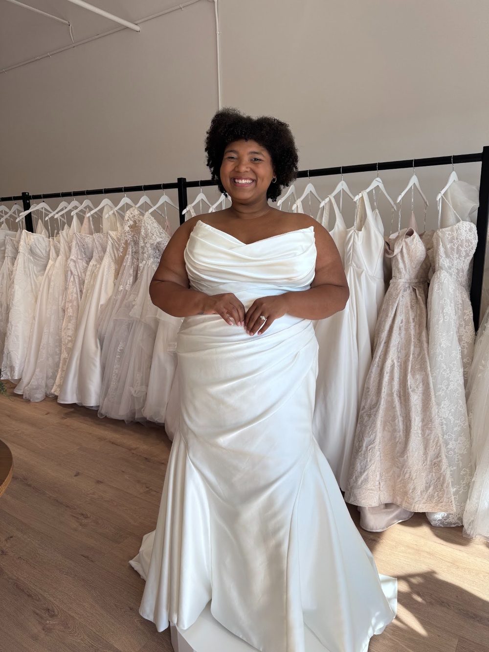 Style SY8346: Strapless Mikado Fit-and-Flare Wedding Gown with Ruched Bodice